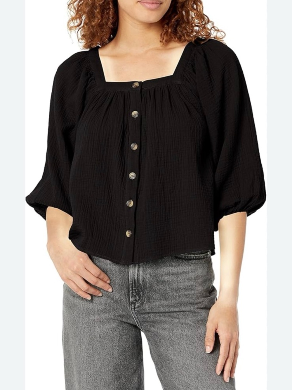 Black Square Neck Button-Front Women's Top